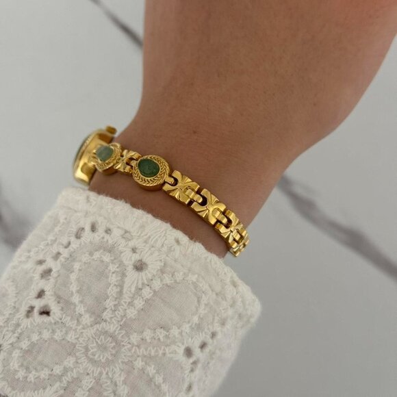 SKU:0018 Gold white mini‎ Watch with green natural stones + in a gift box